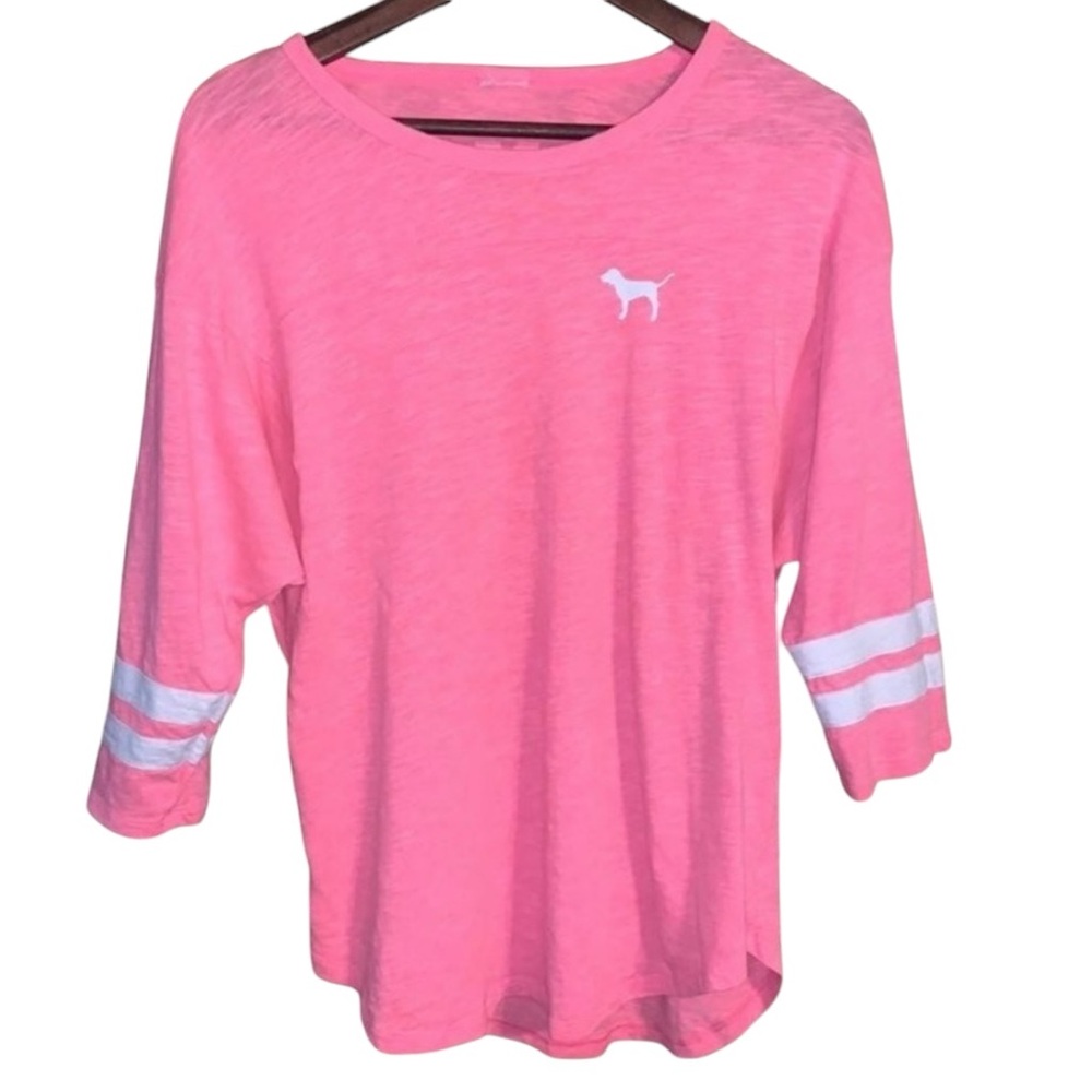 PINK by VS Sz Small (tag removed) Varsity Stripe Tee - Pink and White